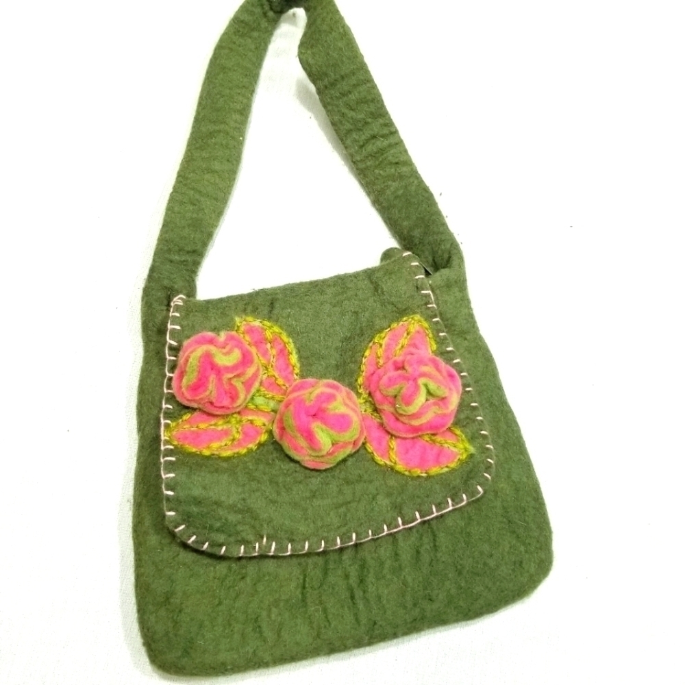 UTTAM Felted Wool Purse Handmade‎ Floral Applique Shoulder Bag Green Pink